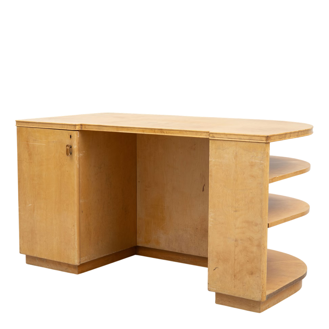 1940s Axel Larsson : "1000 Series" flame birch desk, Bodofors