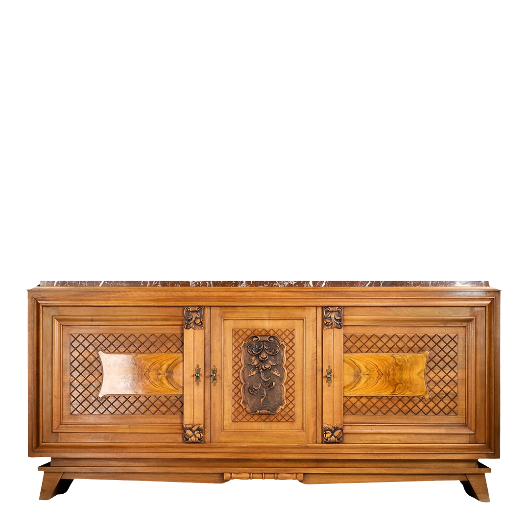 1940s French : elaborate walnut 75" sideboard w/blackened wood top