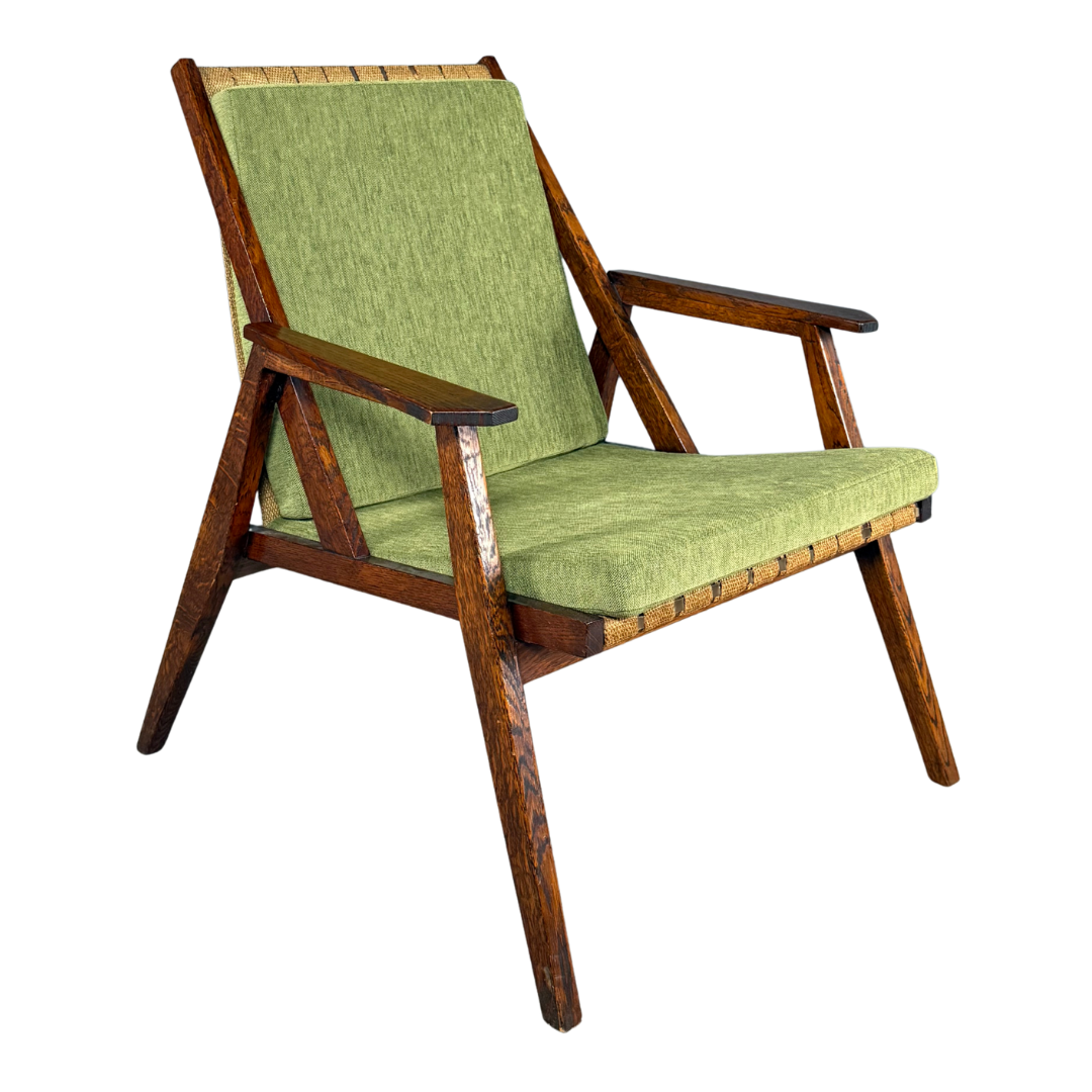 1950s Miroslav Navrátil : dark-stained oakwood armchair, linen straps