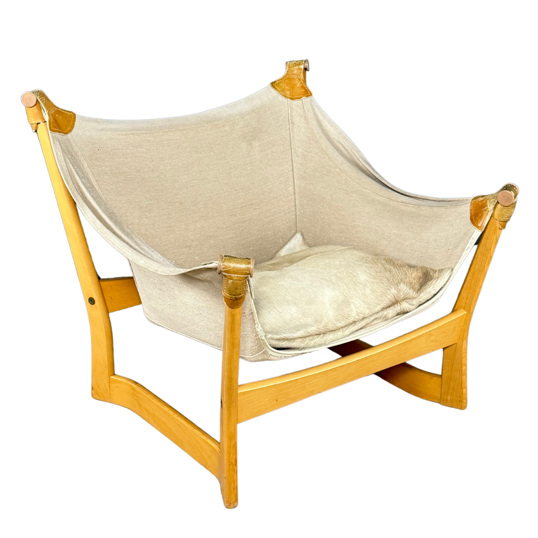 1960s Tormod Alnaes : beechwood "Trega" lounge chair, w/hide cushion