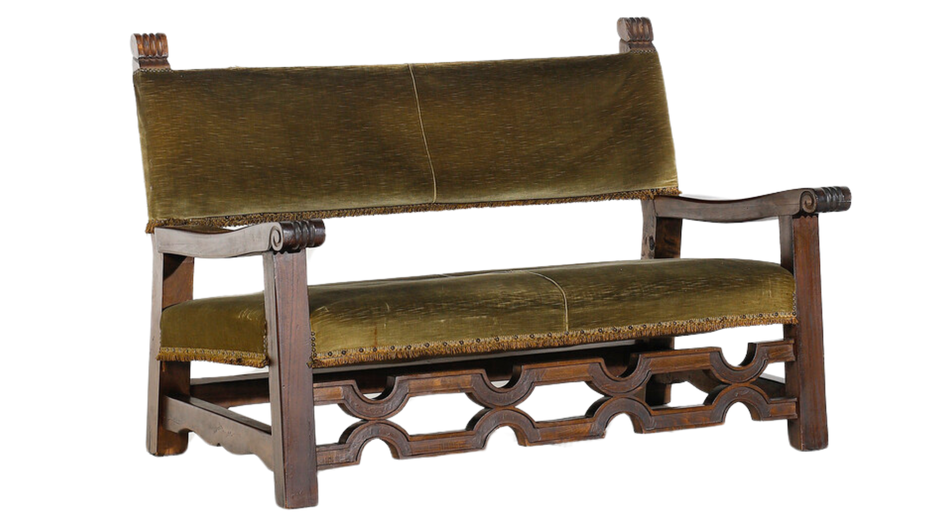 c1915 Northern Italian walnut and velvet carved settee FINCH hudson