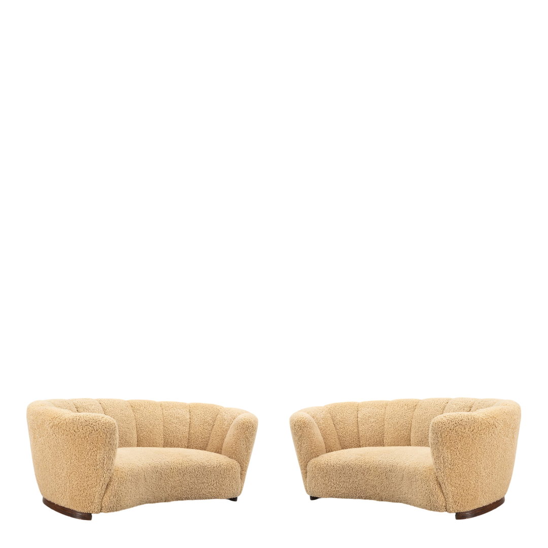 1930s Danish : classic 3-seat curved sofa, natural sheepskin