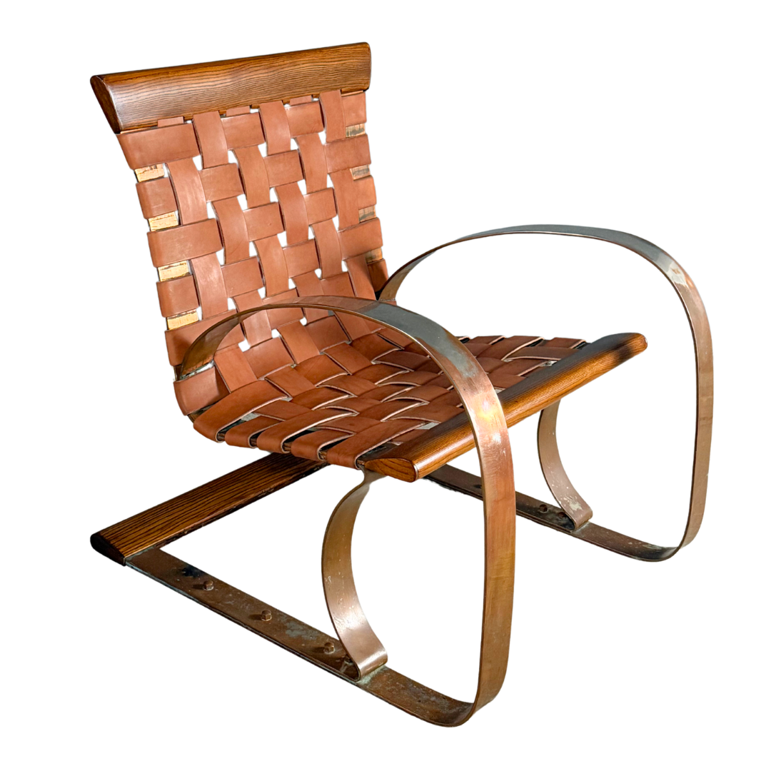 1980s Post Modern : steel, leather and wood cantilever spring chair
