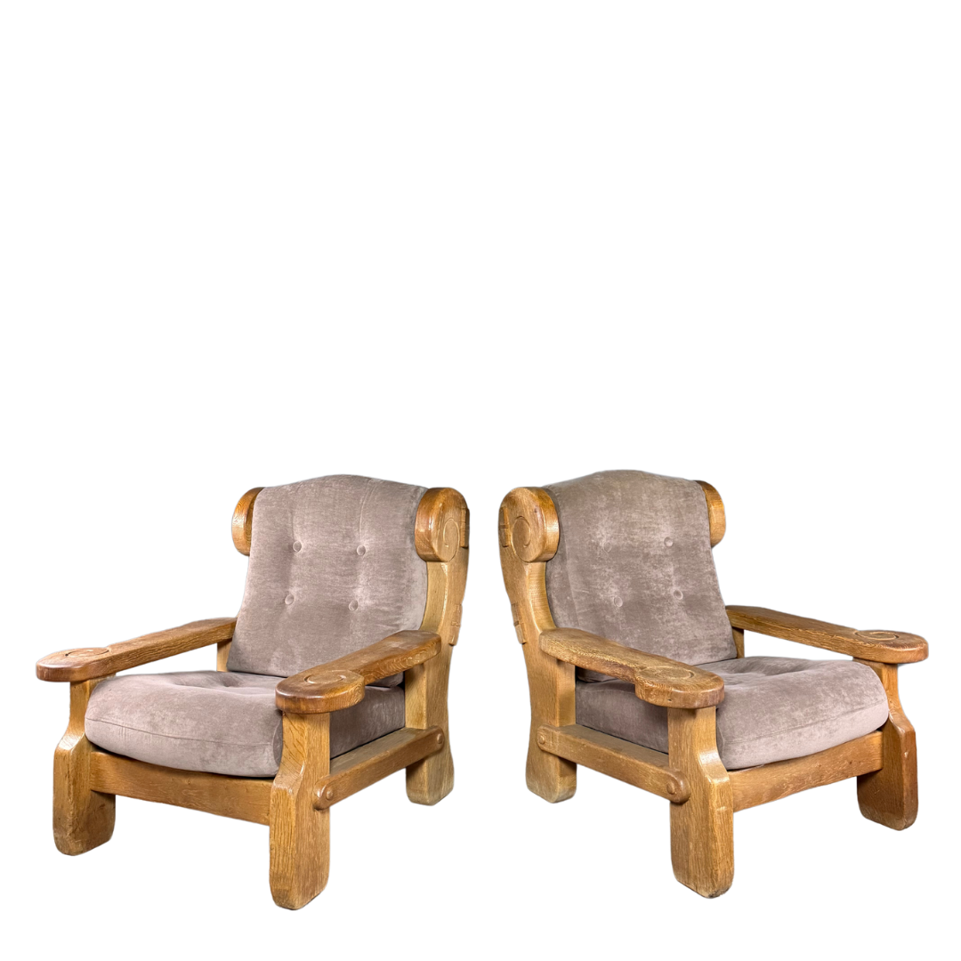 1970s French : pair large brutalist oakwood lounge chairs