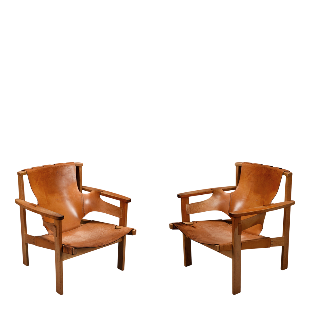 1950s Carl-Axel Acking : "Trienna" saddle leather & oak armchair
