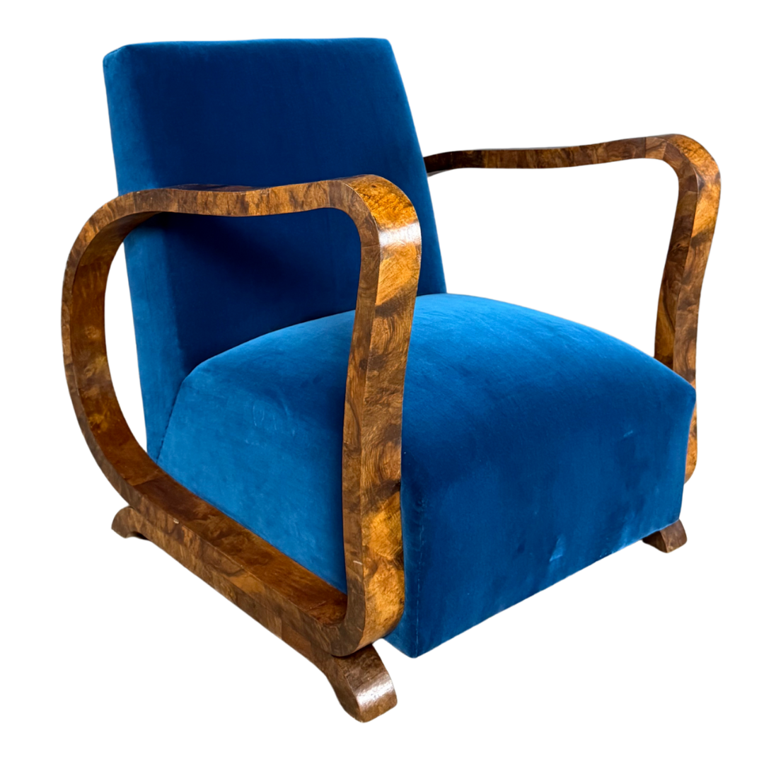 1930s European : pair figural burl walnut Art Deco armchairs
