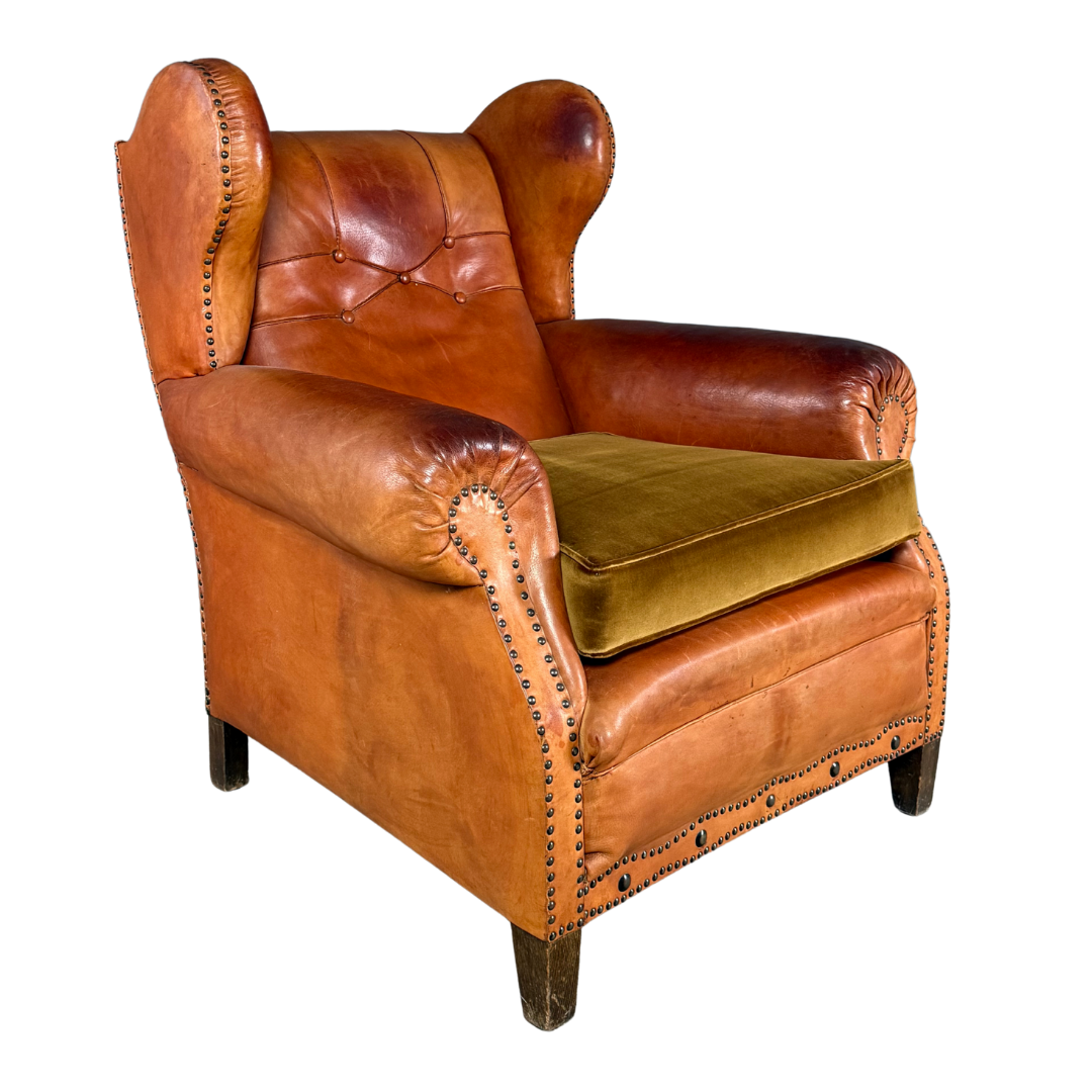 1950 Danish : cognac leather English style wingback clubchair