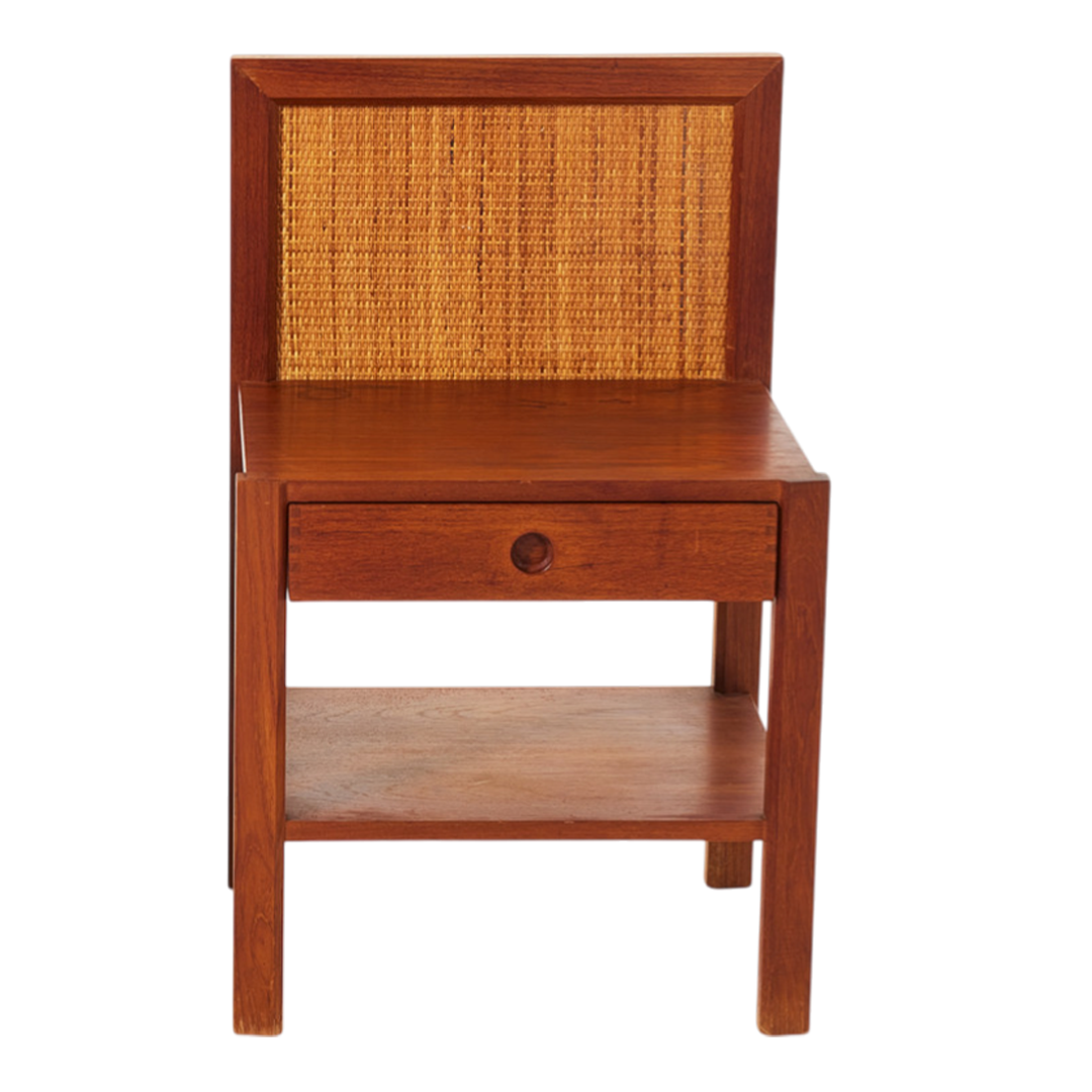 Pair 1960s Danish Design : teakwood & woven hemp bedside tables