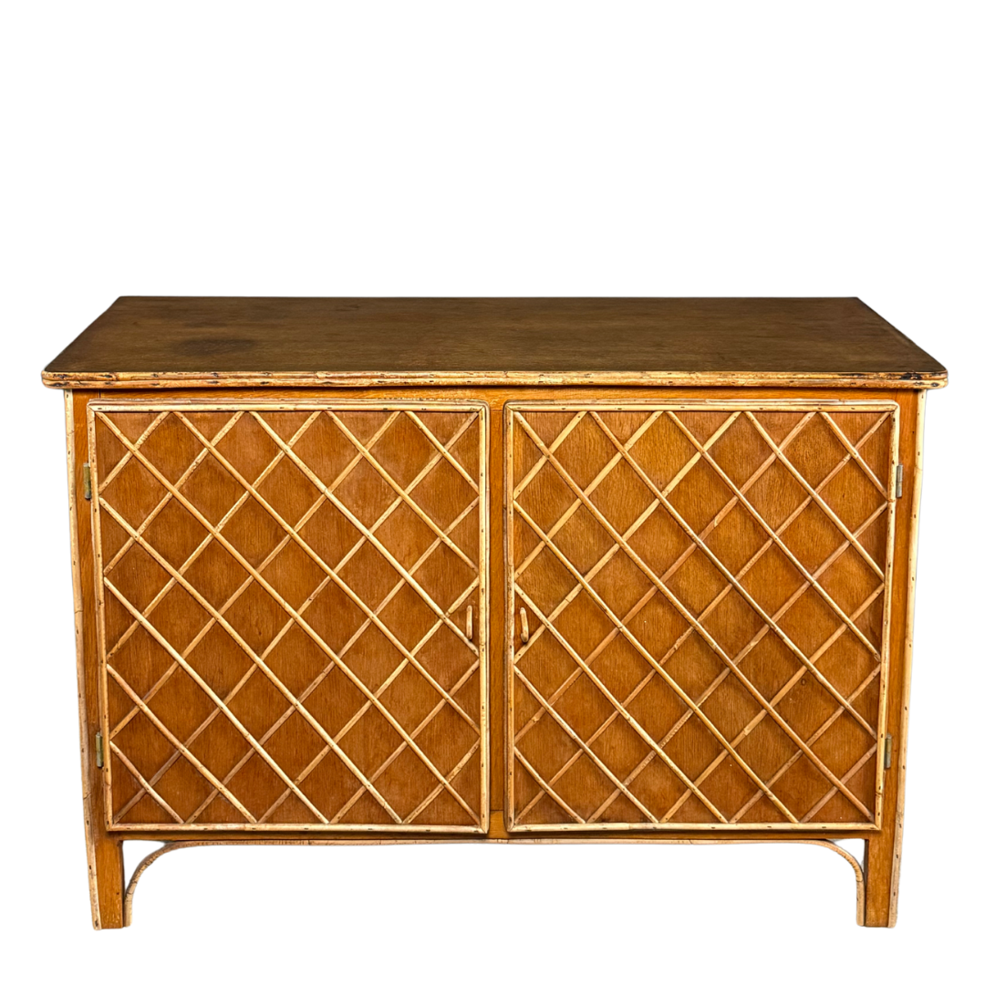 1950s French : quarter sewn oak cabinet with lattice bamboo