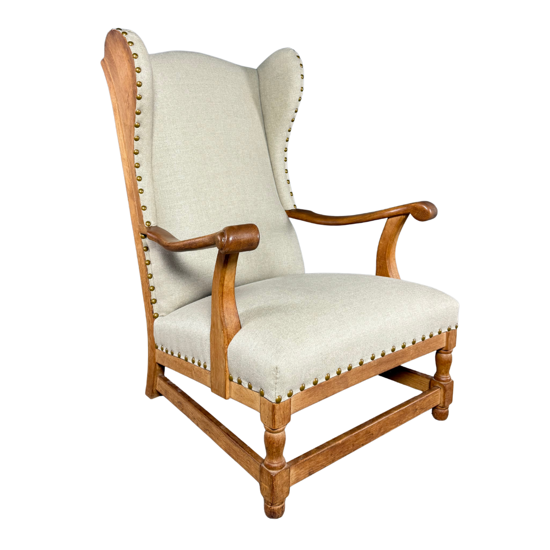 1940s Danish : solid oakwood tall wingback armchair w/ new upholstery
