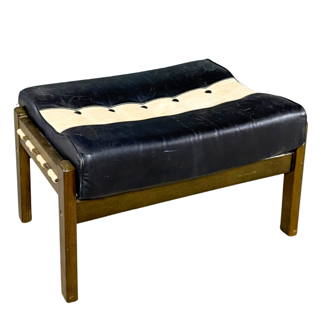 Post Modern : black leather and canvas stool/ottoman, American