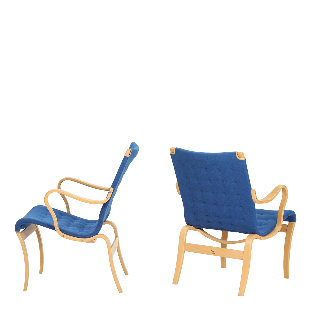 1978 Bruno Mathsson : laminated beech "Mina" armchair in blue wool