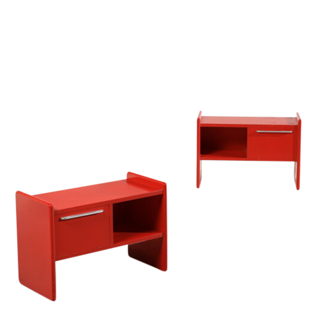 1980s Italian : pair of red-lacquered wood bedside tables