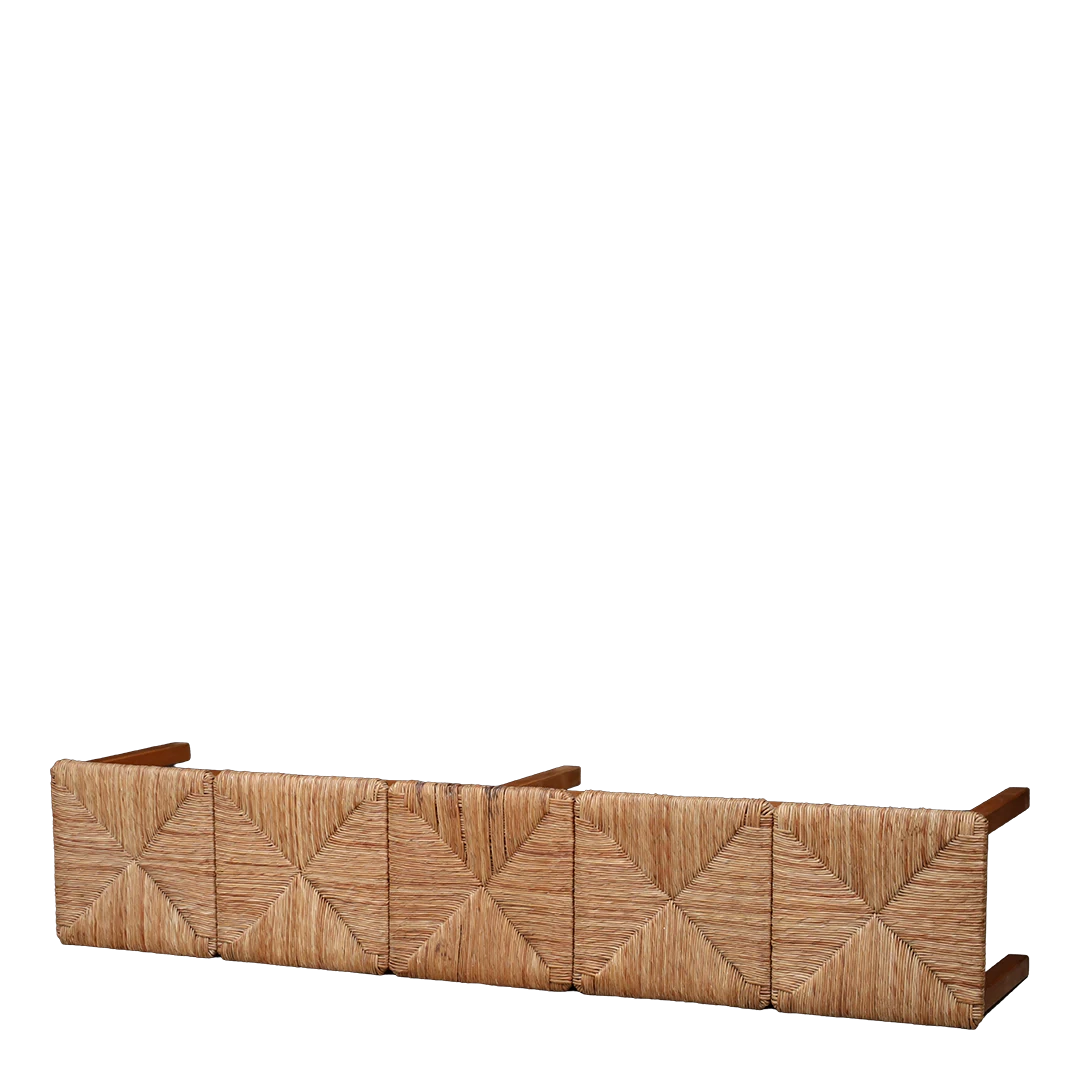 Late 1960s European : four-part woven rush over ash wood long bench