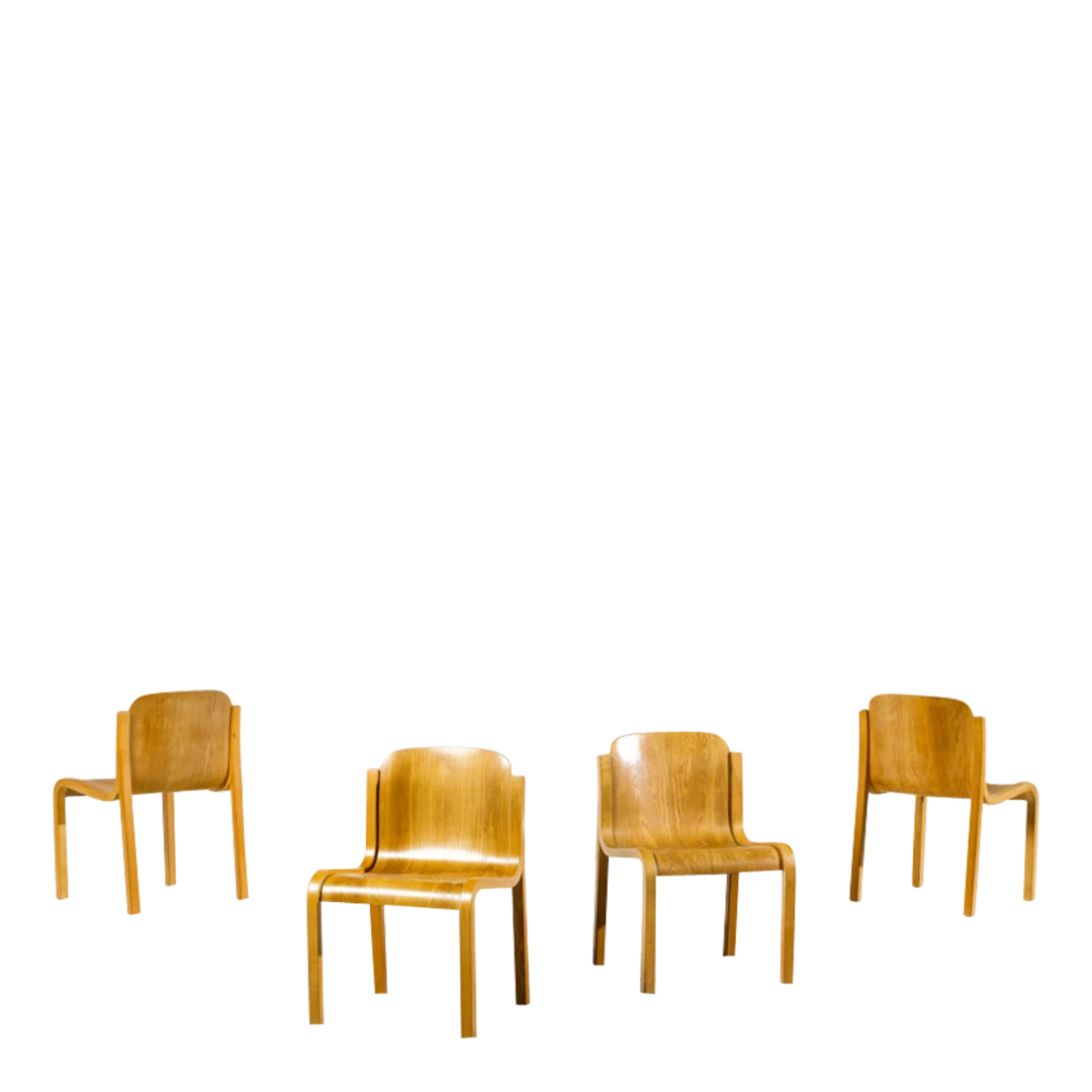 1969 Carlo Bartoli : bent plywood Mito dining chairs, Italy, set of four