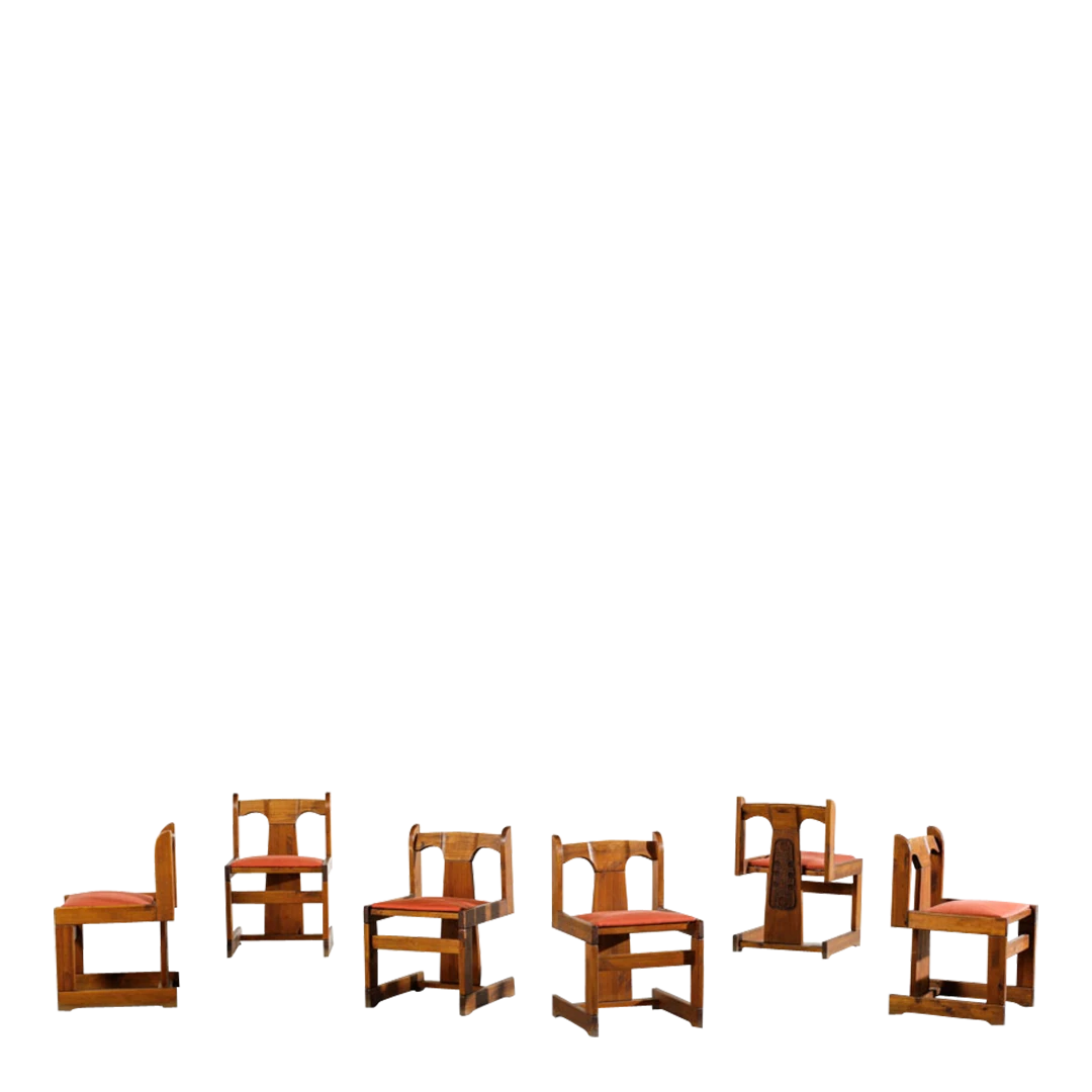 Set six 1980s Italian : hand carved Brutalist dining chairs