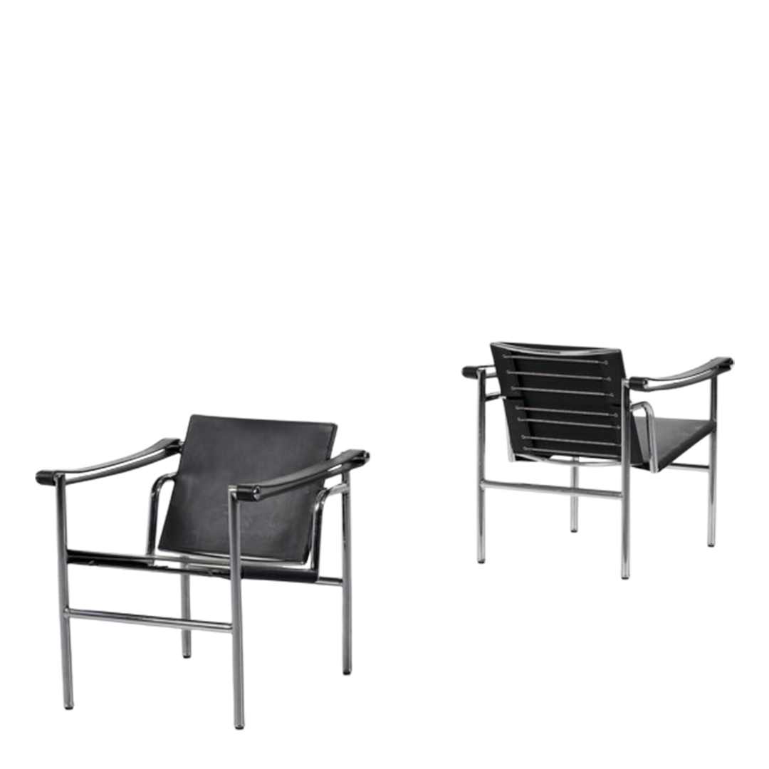 20thc Model LC1 style: steel and leather chair, manner of Le Corbusier