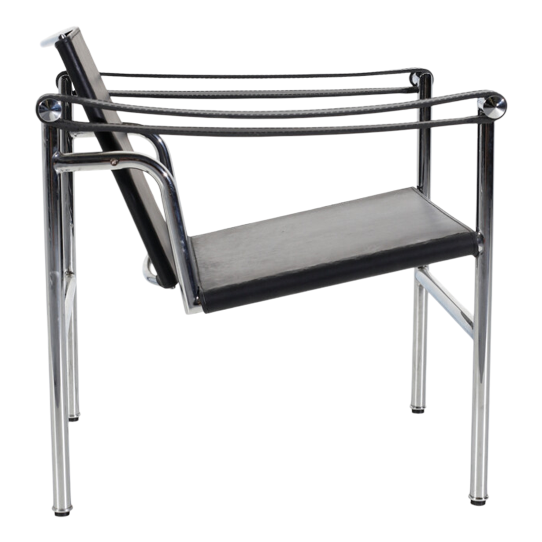 20thc Model LC1 style: steel and leather chair, manner of Le Corbusier
