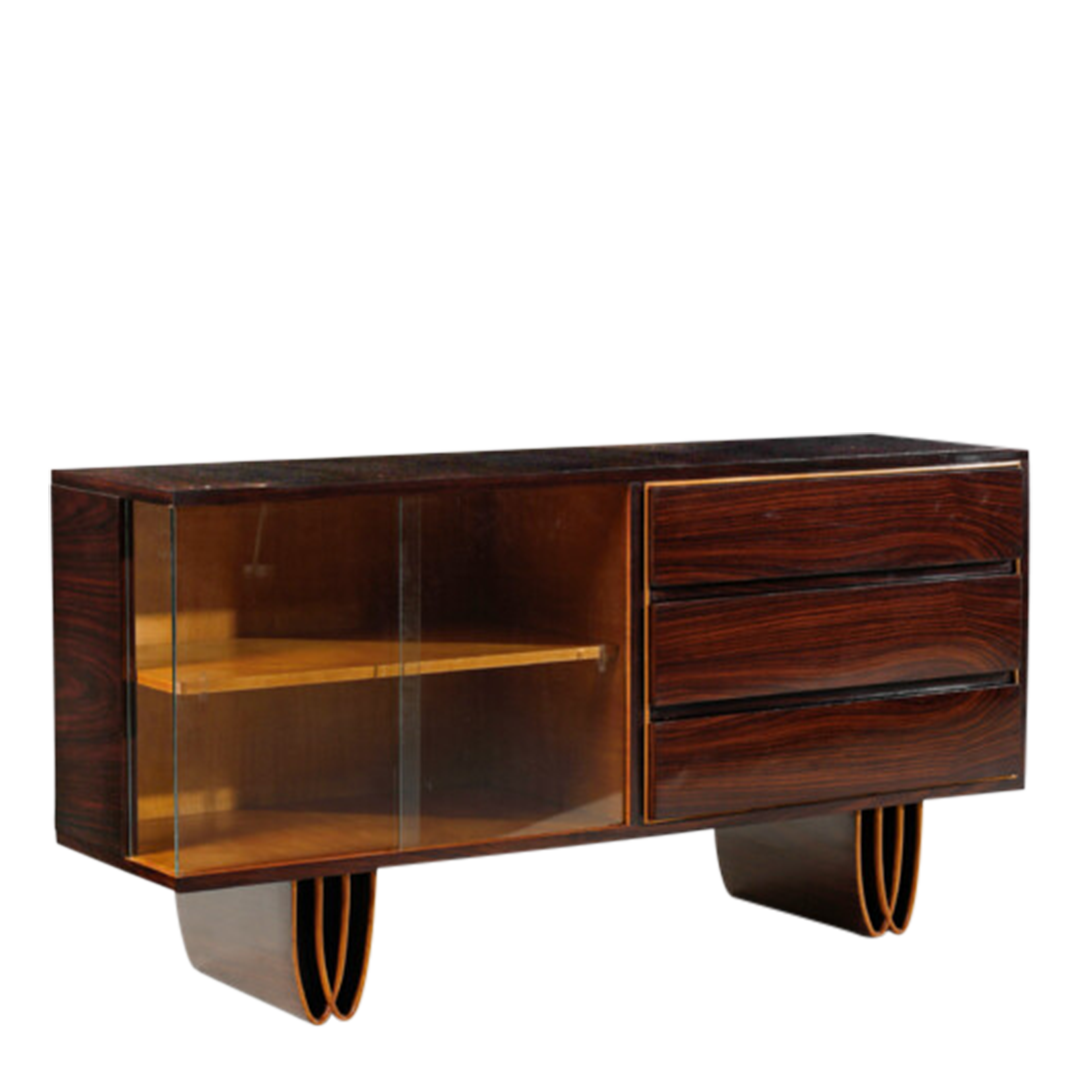 1930s Italian : 67" Brazilian rosewood sideboard w/display cabinet