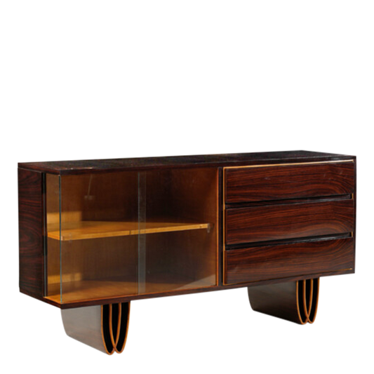 1930s Italian : 67" Brazilian rosewood sideboard w/display cabinet