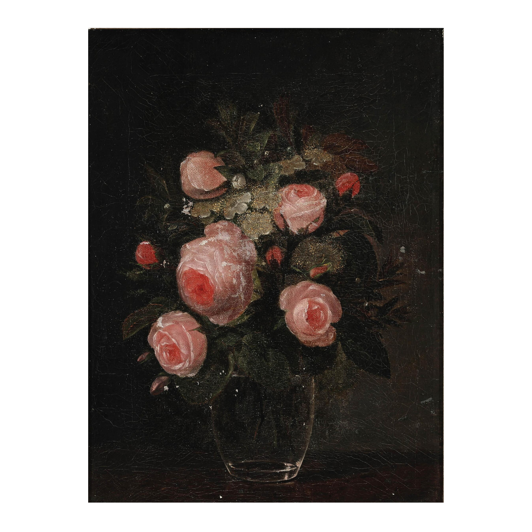 19thc I. L. Jensen School : Danish pink roses in a glass vase, O/C