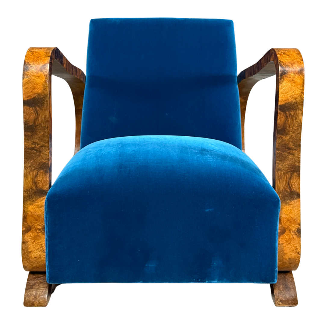 1930s European : pair figural burl walnut Art Deco armchairs