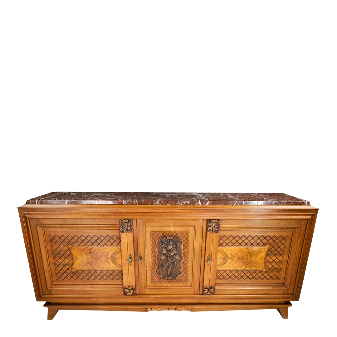 1940s French : elaborate walnut 75" sideboard w/blackened wood top