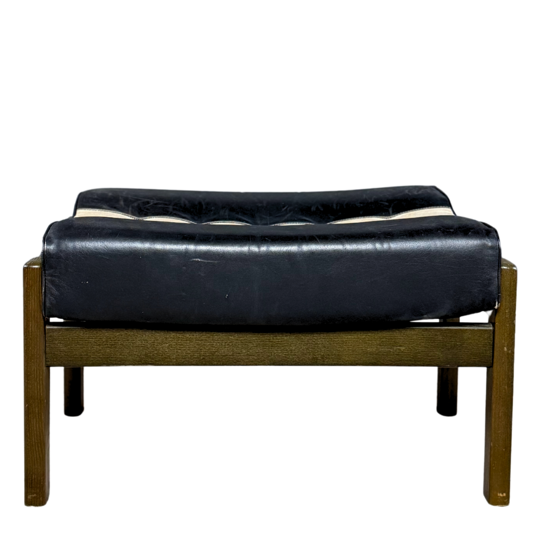 Post Modern : black leather and canvas stool/ottoman, American