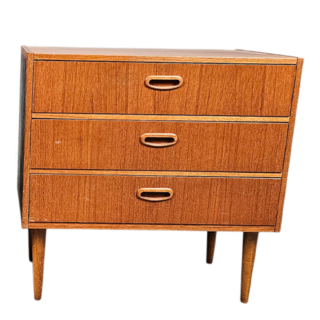 Pair 1950s Swedish : small teakwood chest of drawers w/ carved oak pulls