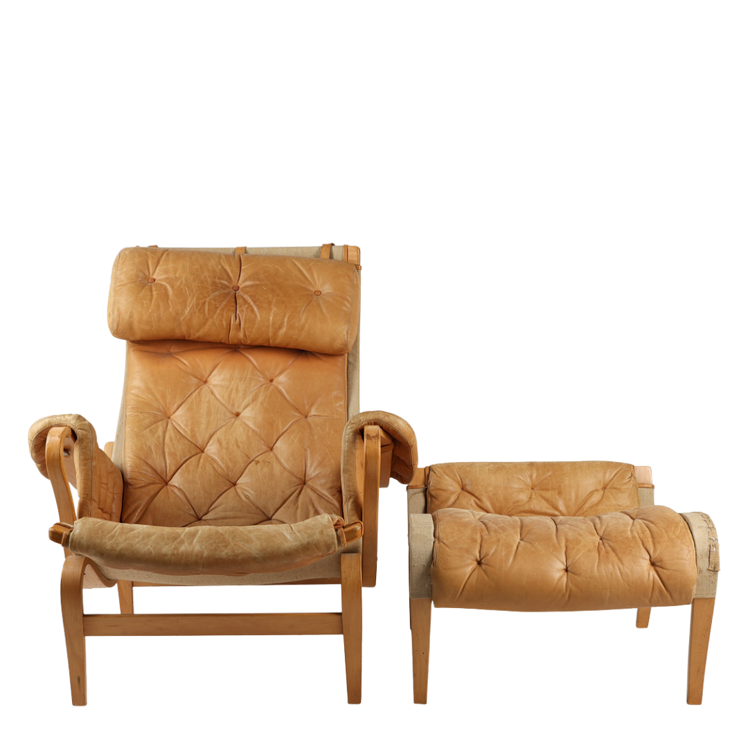 1970s Bruno Mathsson : light cognac leather "Pernilla" lounge chair + ottoman