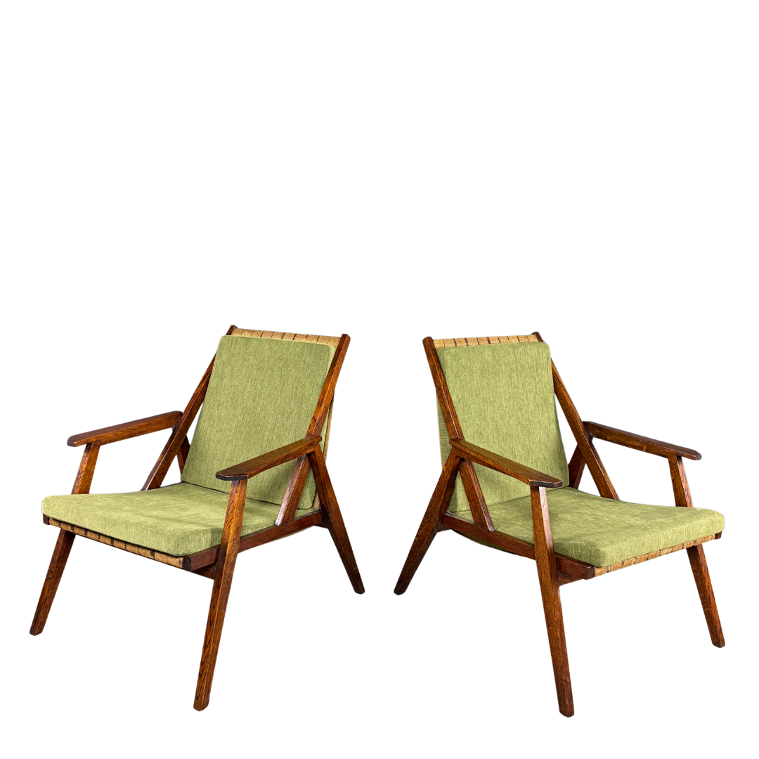 1950s Miroslav Navrátil : dark-stained oakwood armchair, linen straps