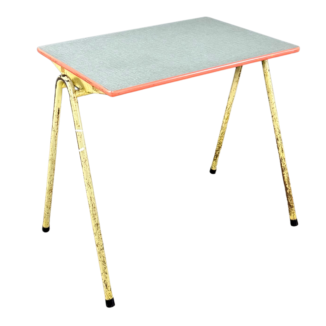 1950s French : pair small formica and lacquered steel school tables