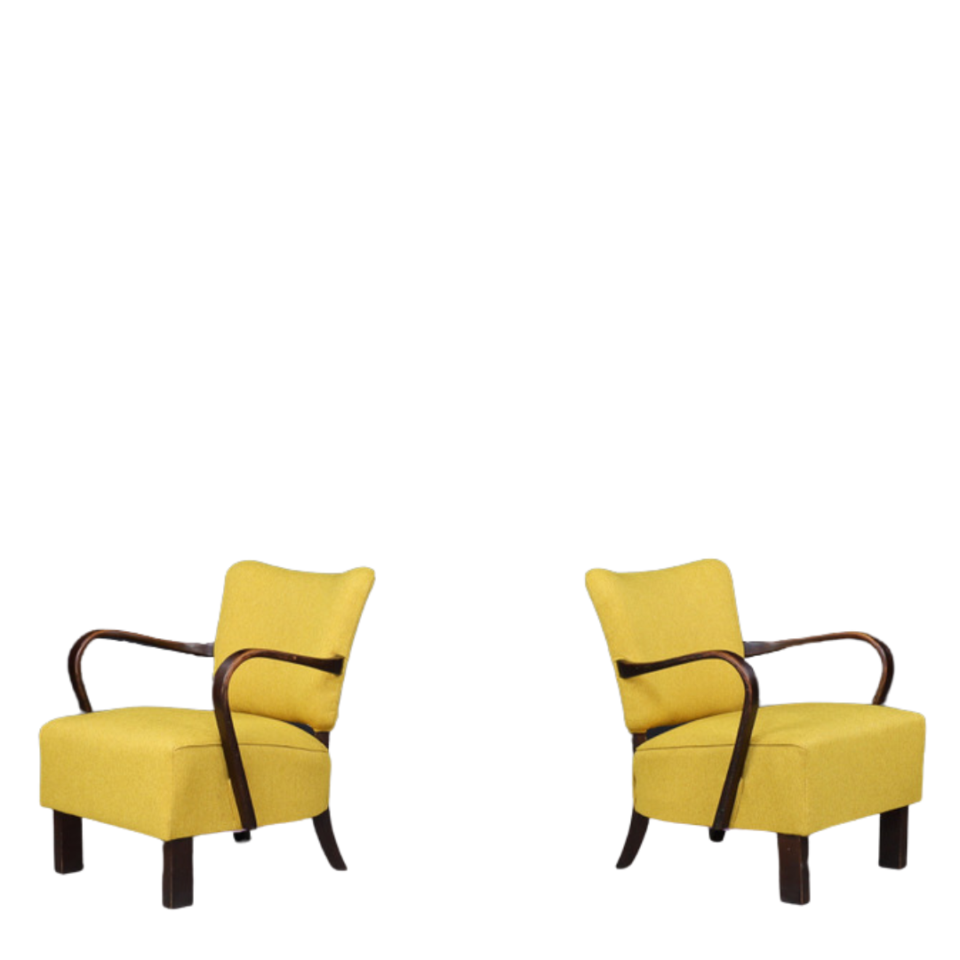 1930s Jindřich Halabala : Model H-237 bentwood armchair in yellow wool, pair