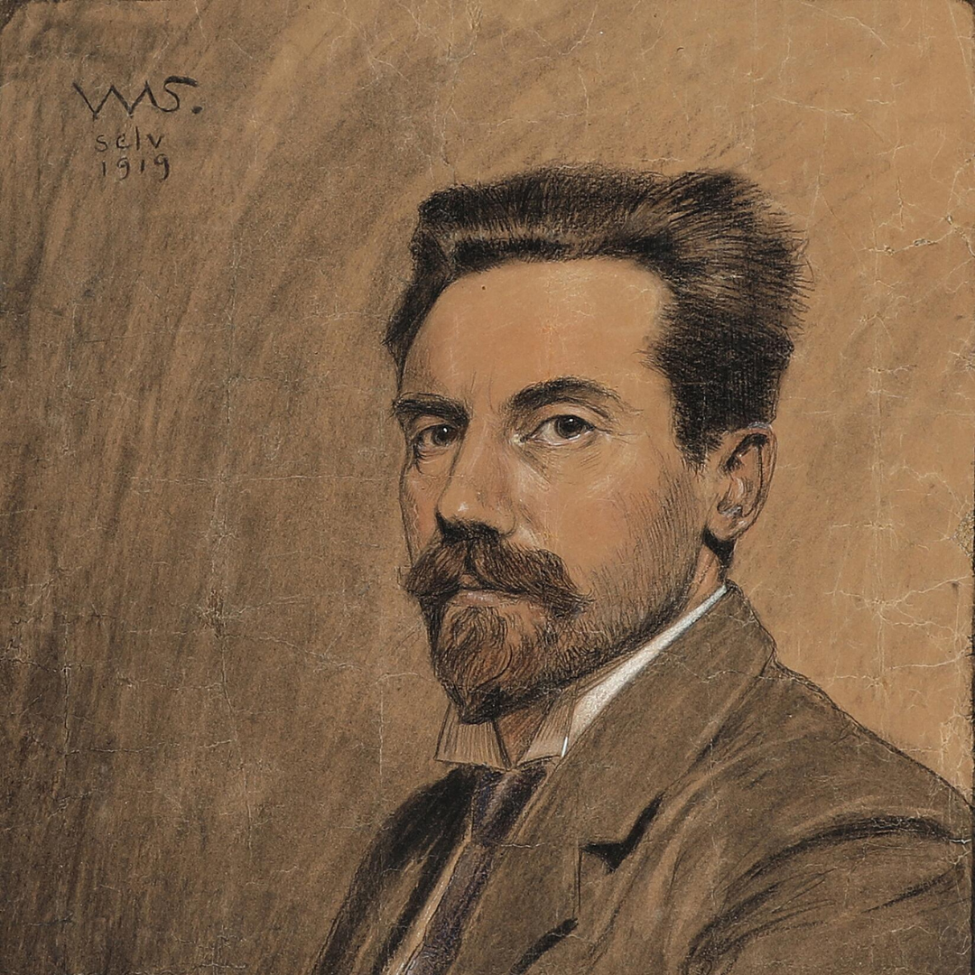 c1919 Walter Schwartz : artist's self portrait in charcoal