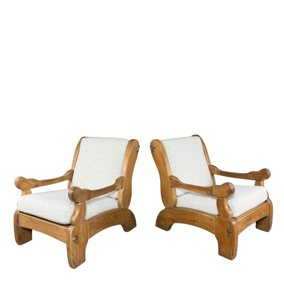 1970s French : pair of solid oakwood brutalist lounge chairs