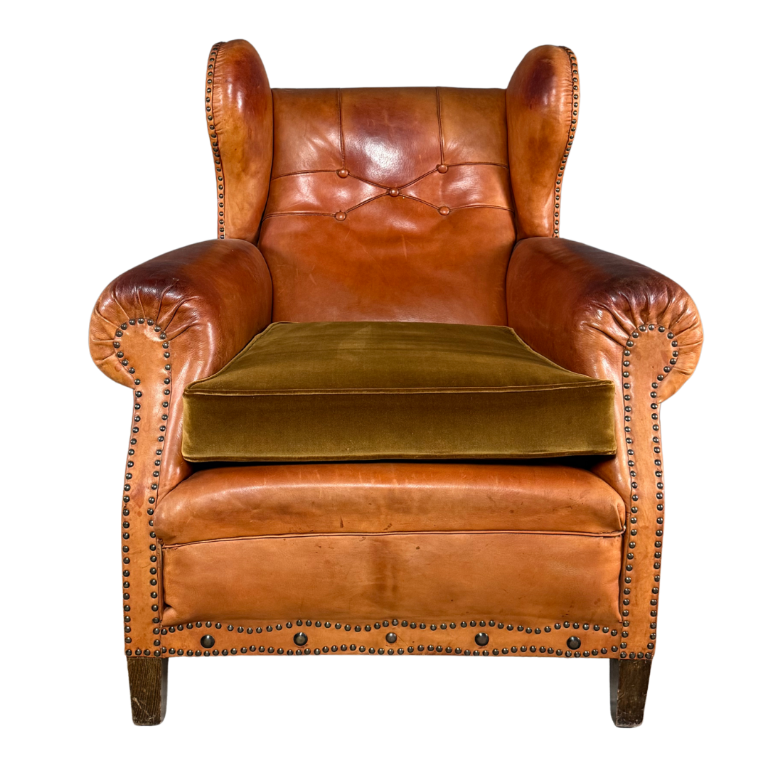 1950 Danish : cognac leather English style wingback clubchair