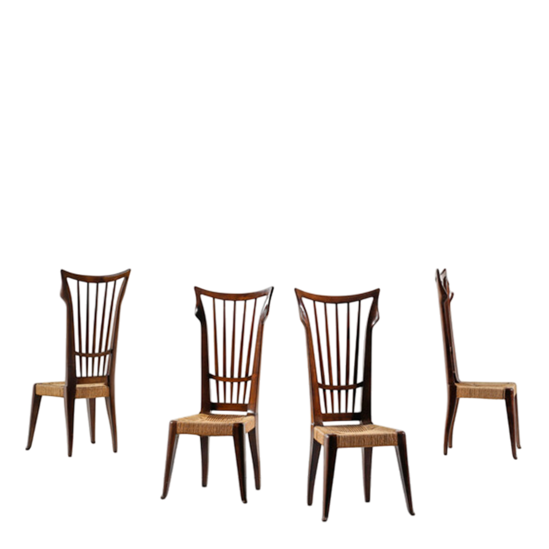 1940s Guglielmo Pecorini : rare set four sculpted walnut & straw dining chairs
