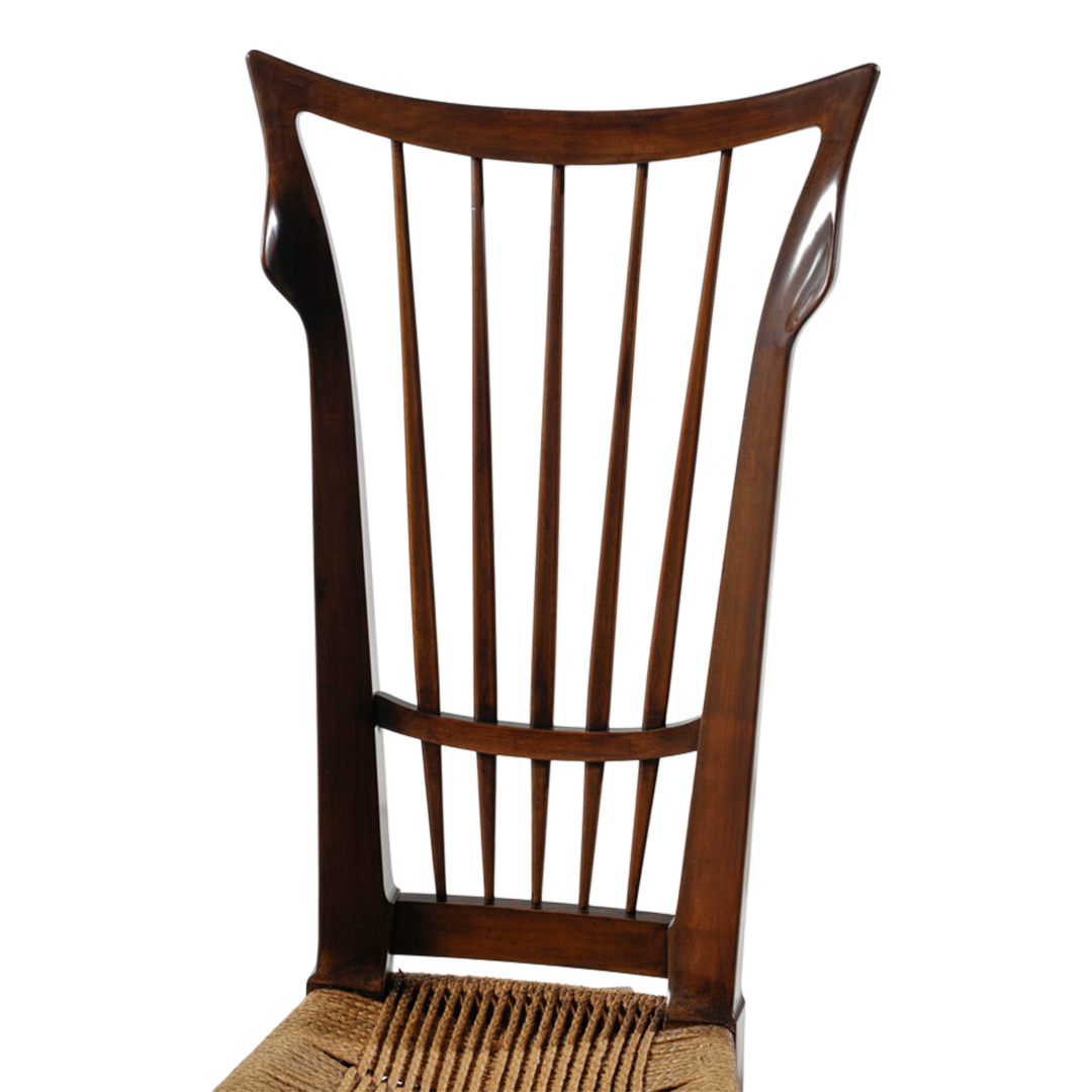 1940s Guglielmo Pecorini : rare set four sculpted walnut & straw dining chairs