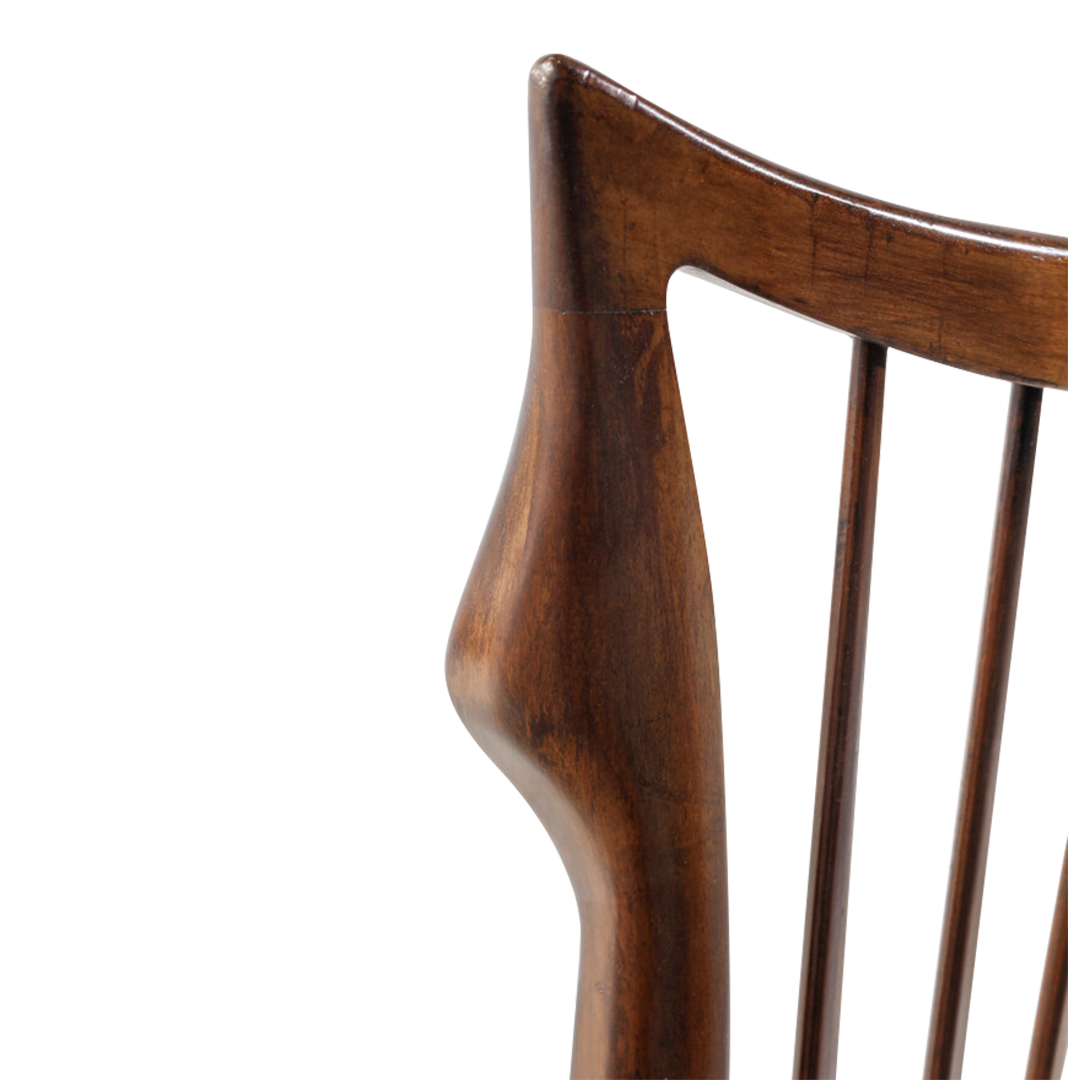 1940s Guglielmo Pecorini : rare set four sculpted walnut & straw dining chairs