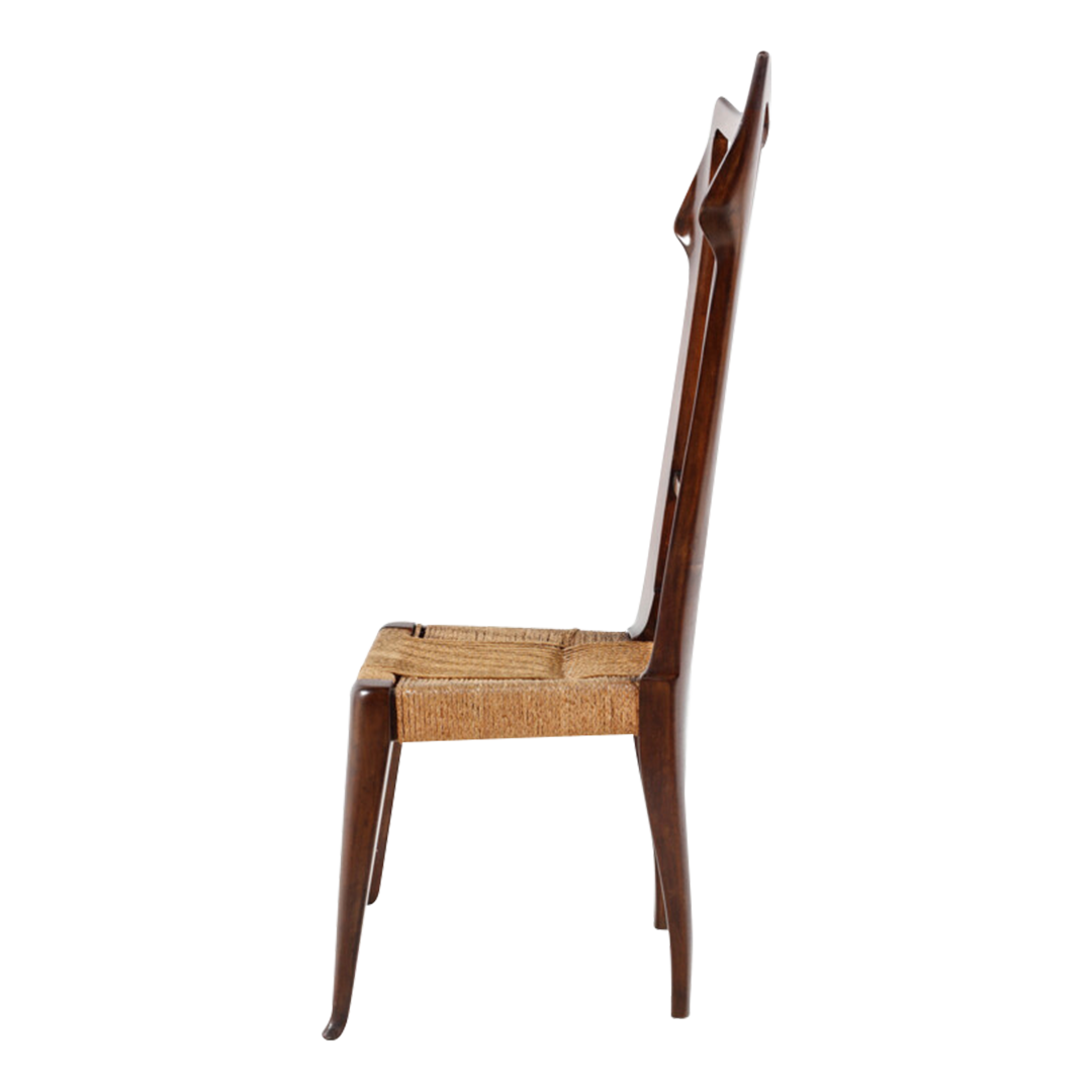 1940s Guglielmo Pecorini : rare set four sculpted walnut & straw dining chairs