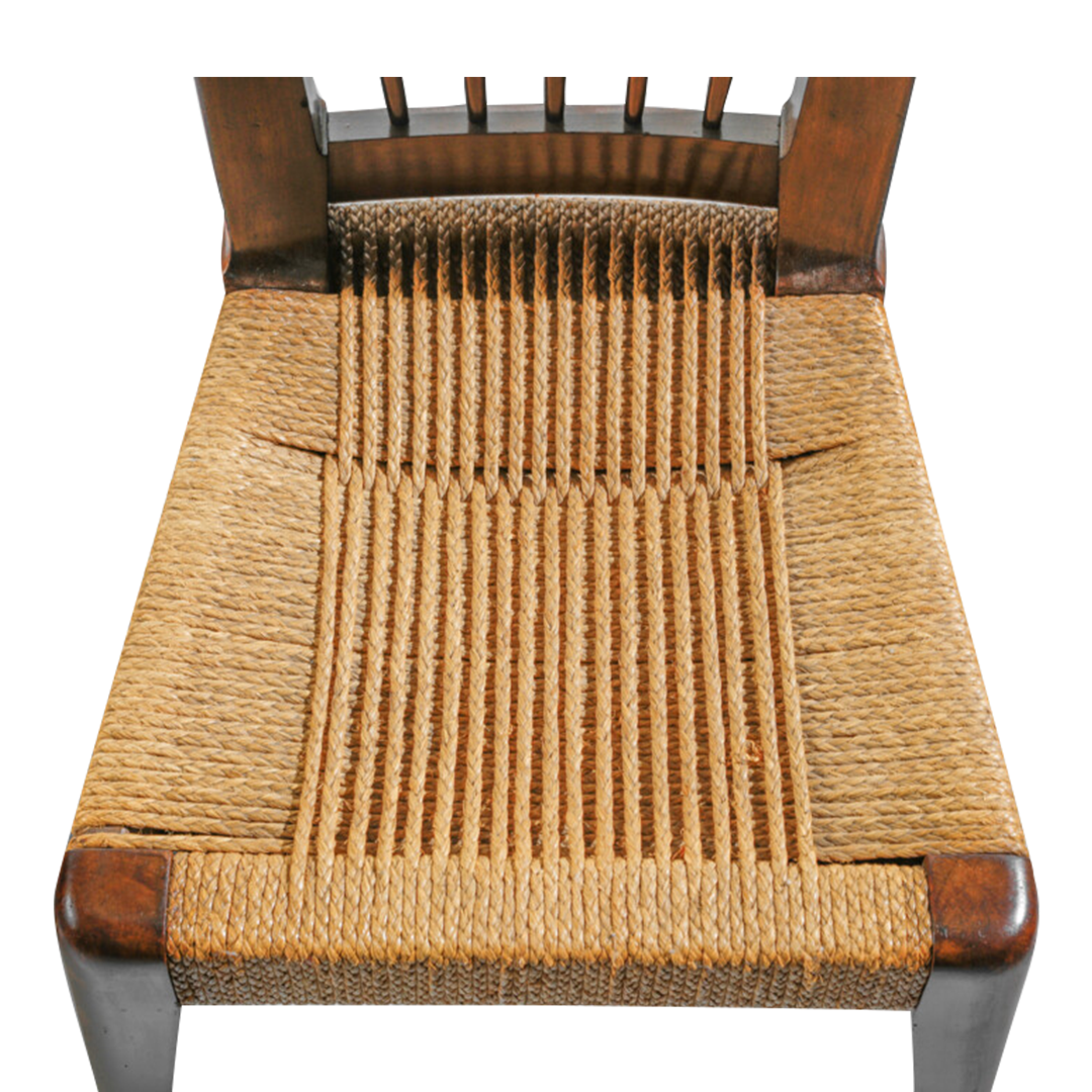 1940s Guglielmo Pecorini : rare set four sculpted walnut & straw dining chairs