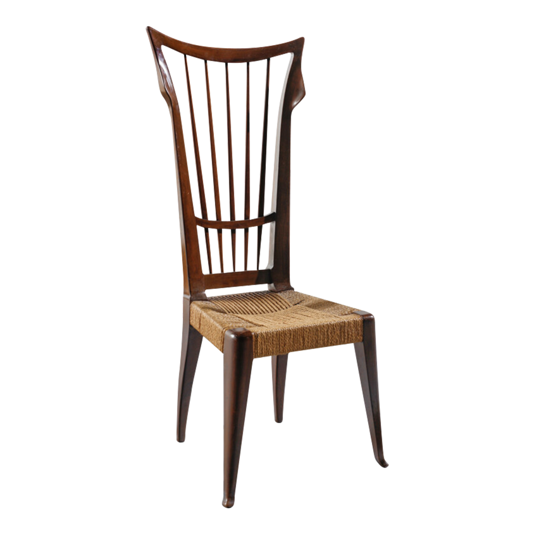 1940s Guglielmo Pecorini : rare set four sculpted walnut & straw dining chairs