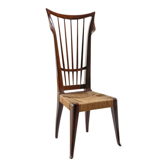 1940s Guglielmo Pecorini : rare set four sculpted walnut & straw dining chairs