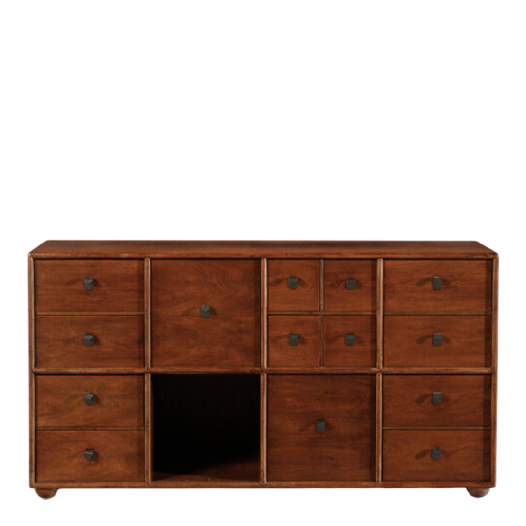1960s Fabio Lenci : 56" walnut cabinet with drawers & cabinets