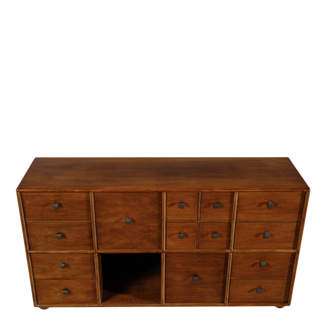 1960s Fabio Lenci : 56" walnut cabinet with drawers & cabinets