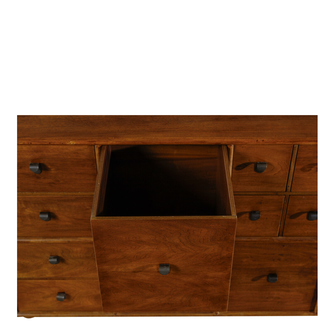 1960s Fabio Lenci : 56" walnut cabinet with drawers & cabinets