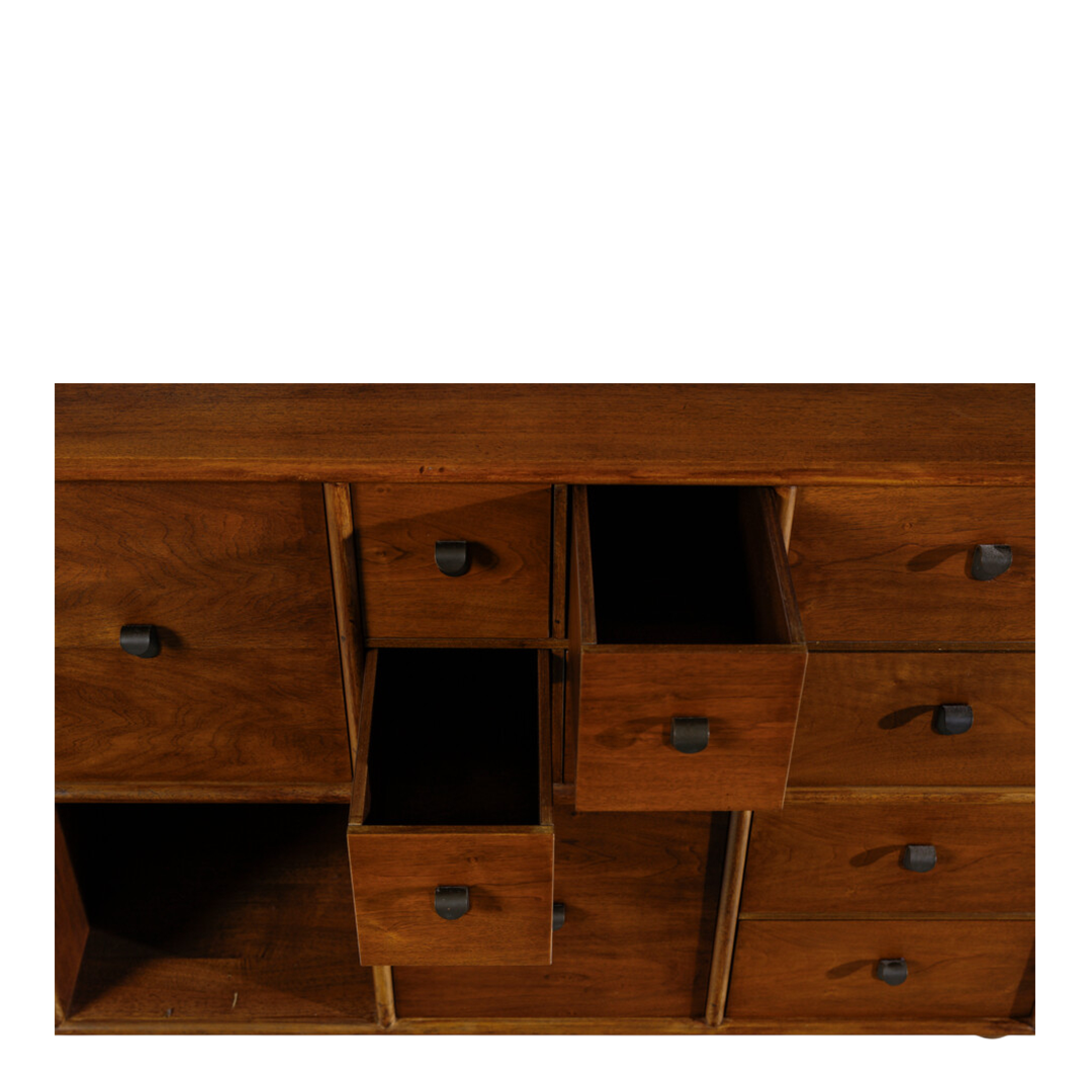 1960s Fabio Lenci : 56" walnut cabinet with drawers & cabinets