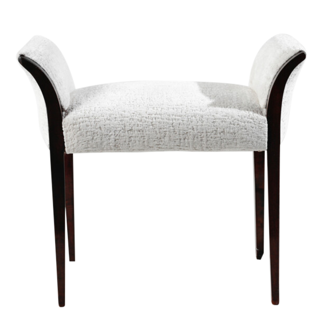 1980s Italian : pair padded 24" walnut benches with white boucle