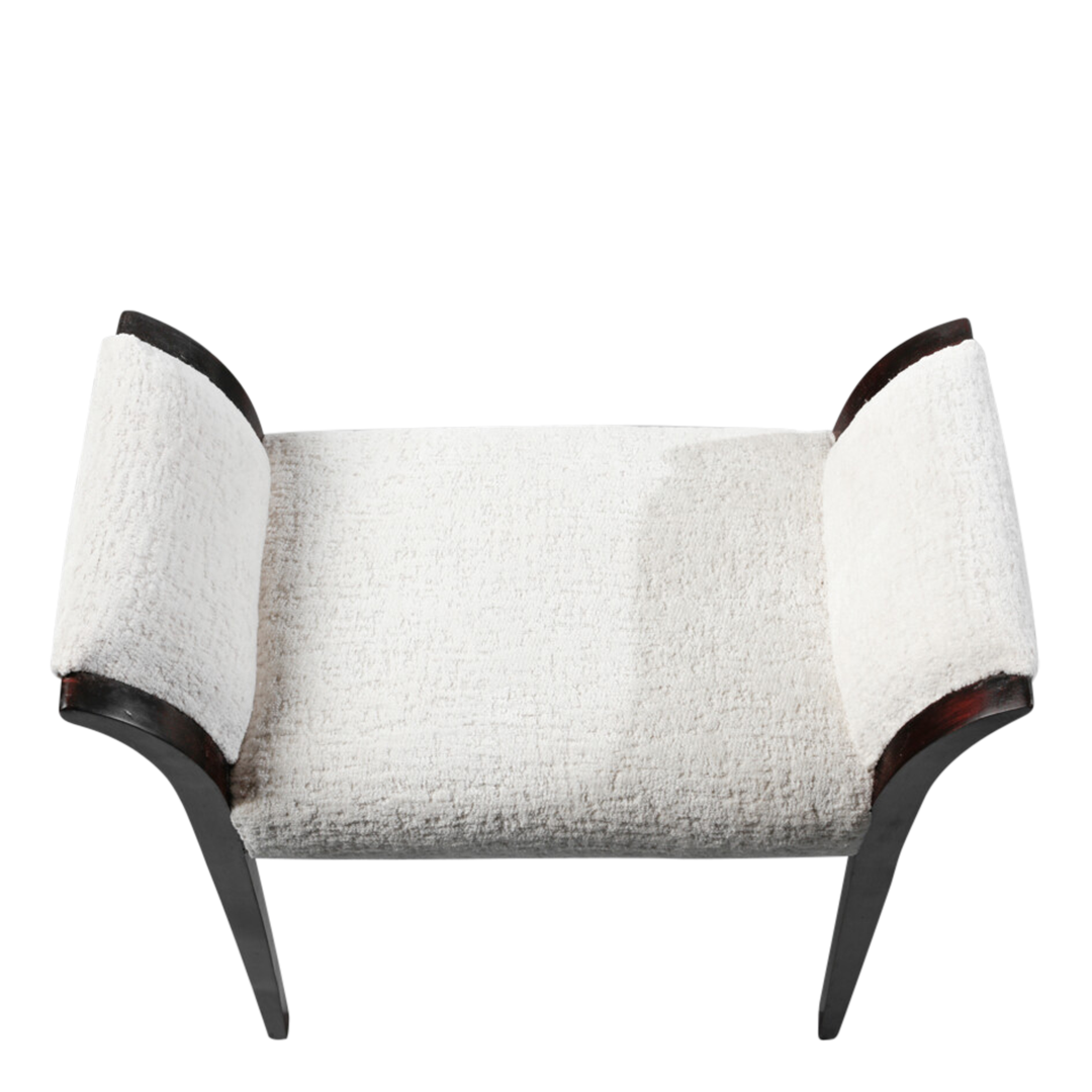 1980s Italian : pair padded 24" walnut benches with white boucle