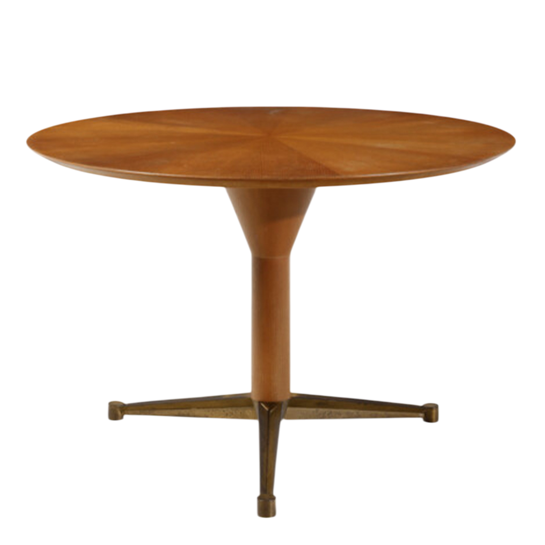 1950s Italian : sunburst top walnut and brass 45" center table